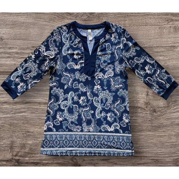 PerSeption Concept Tunic Blue Cream Paisley Print Top V Neck Size Medium - Picture 1 of 9